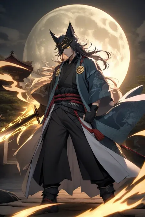 A Japanese-inspired human version of Lycaon the Nightslayer from Shangri-La Frontier, infused with a Moon Element theme. He is a tall, lean warrior with silver, shoulder-length messy hair and glowing yellow eyes. He wears a dark blue and black samurai-styl...