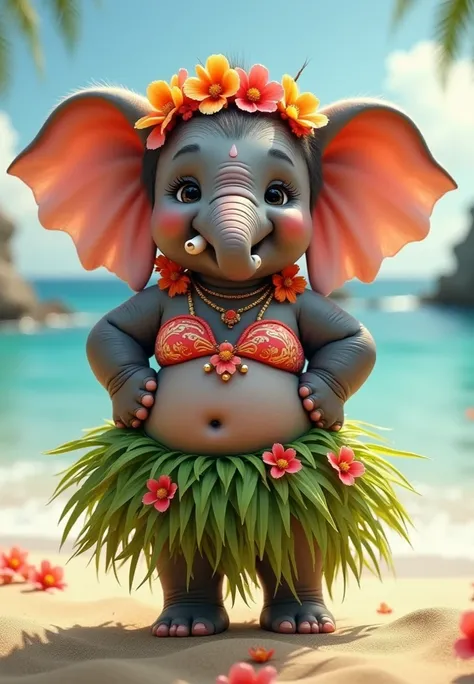 photorealistic portrait of Dressed animals - a ((fat)) (baby elephant) hula dancer,(art by Carne Griffiths),(happy smile:1.2),(), high quality,(lovely) 8hands on hips),, ((female hula dance costume)) ,highly detailed flower decorations, wearing bikini top ...