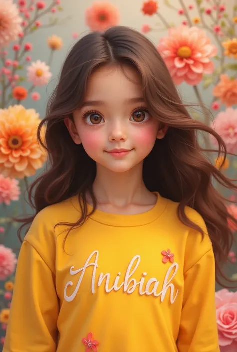 I want a picture of a Handsome and Cute girl with a background that looks like a flower and her shirt is yellow and has the name Anabiah written on it