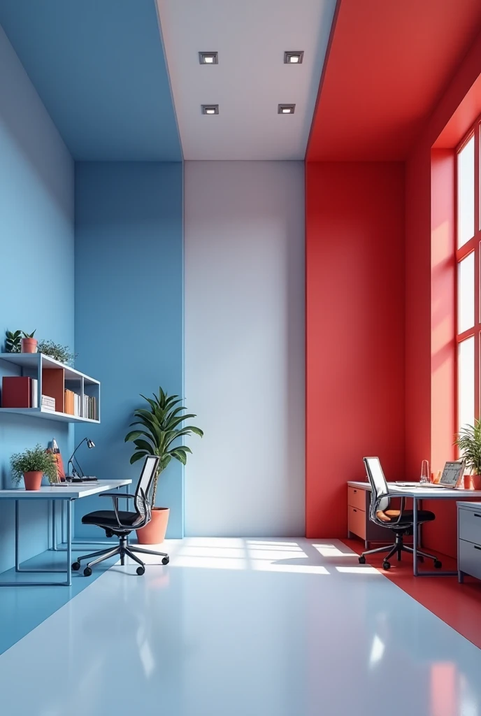 A small office is half in red and the other is described in blue with a gray background 