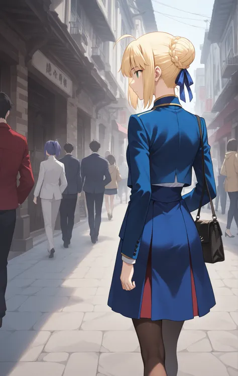 artoria walking side by side with a man、 back view、meal and female