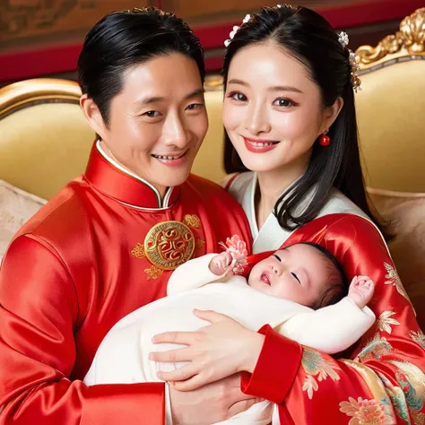 (( top quality)), (( Masterpiece)), ( Details), （ perfect face）、Ishihara Satomi, a black-haired pregnant mother holding a Chinese baby, wears a gorgeous and glamorous Chinese lady's red costume, dresses up with Chinese noblewoman's accessories, and smiles ...