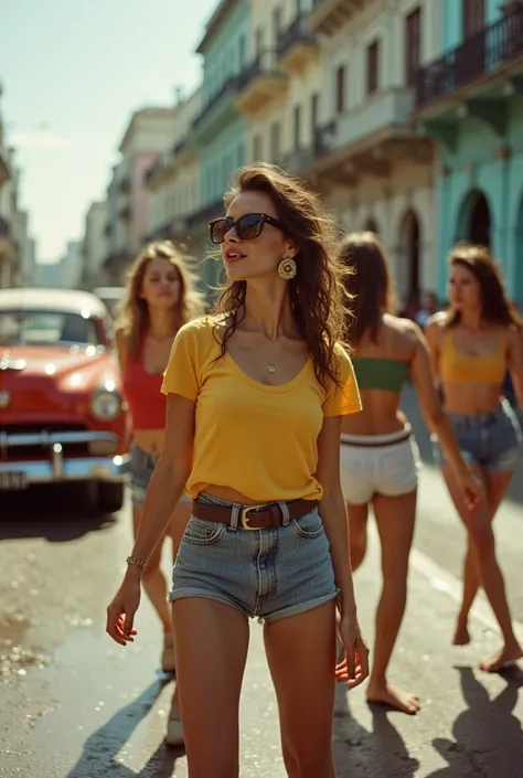  Women dancing in the streets of Cuba      、　         posing in colorful shorts and t-shirts filmed on expired film       ,              touching clothes              , 期限切れの             shot on film             ,       woman posing in front of a classic c...