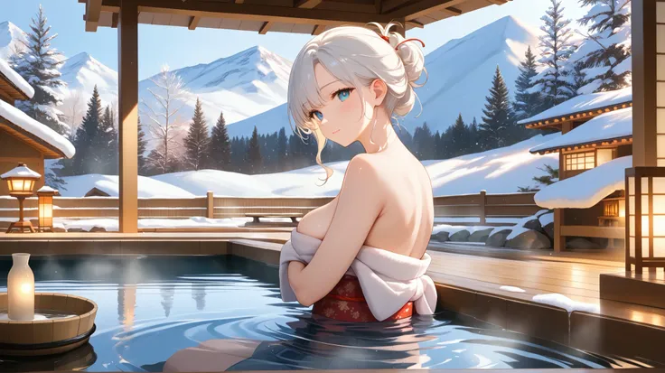 "A super cute girl with long white hair and a curvy figure sitting gracefully at the edge of a traditional Japanese hot spring (onsen) during winter. She wears a beautifully patterned kimono, slightly loosened around her shoulders, revealing a hint of her ...