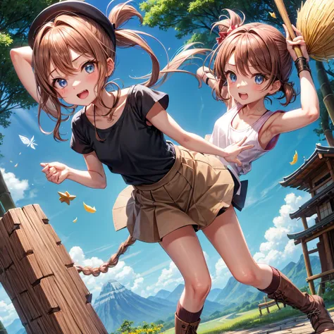 pink brown brown gold hair、  blue eyes、  Has hair tied  、Two cute people、  check mini skirt、  black t-shirt、 Light clothing、  tank top、  camisole、 high socks、 Boots、 teeth inside、  The Road Is Crooked 、Mountain々、Stick together  、 bamboo forest、 chest pocke...