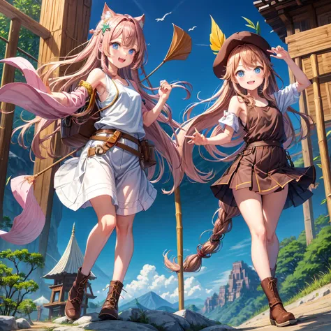 pink brown brown gold hair、  blue eyes、  Has hair tied  、Two cute people、  check mini skirt、  black t-shirt、 Light clothing、  tank top、  camisole、 high socks、 Boots、 teeth inside、  The Road Is Crooked 、Mountain々、Stick together  、 bamboo forest、 chest pocke...