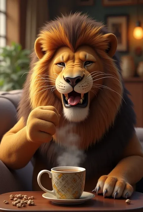 Laughing lion drinking coffee