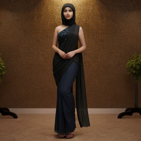 Full-body photo of Sara, a beautiful Pakistani Muslim Girl with a curvy body, wearing a black head hijab and a traditional black saree with a sleeveless saree blouse. The saree drapes elegantly over her figure, offering a modest yet stylish appearance. Det...