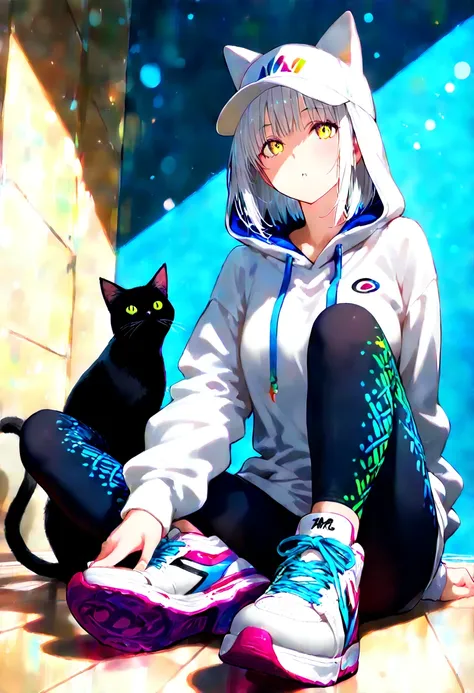 (masterpiece, best quality, ultra-detailed, high resolution), anime-style illustration of a cute girl with short silver hair, glowing yellow eyes, wearing a colorful oversized hoodie with fox faces in a pop-art style. She also wears a white cap with cat ea...