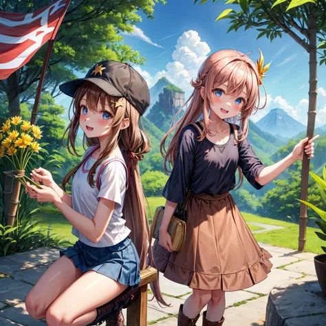 pink brown brown gold hair、  blue eyes、  Has hair tied  、Two cute people、  check mini skirt、  black t-shirt、 Light clothing、  tank top、  camisole、 high socks、 Boots、 teeth inside、  The Road Is Crooked 、Mountain々、Stick together  、 bamboo forest、 chest pocke...