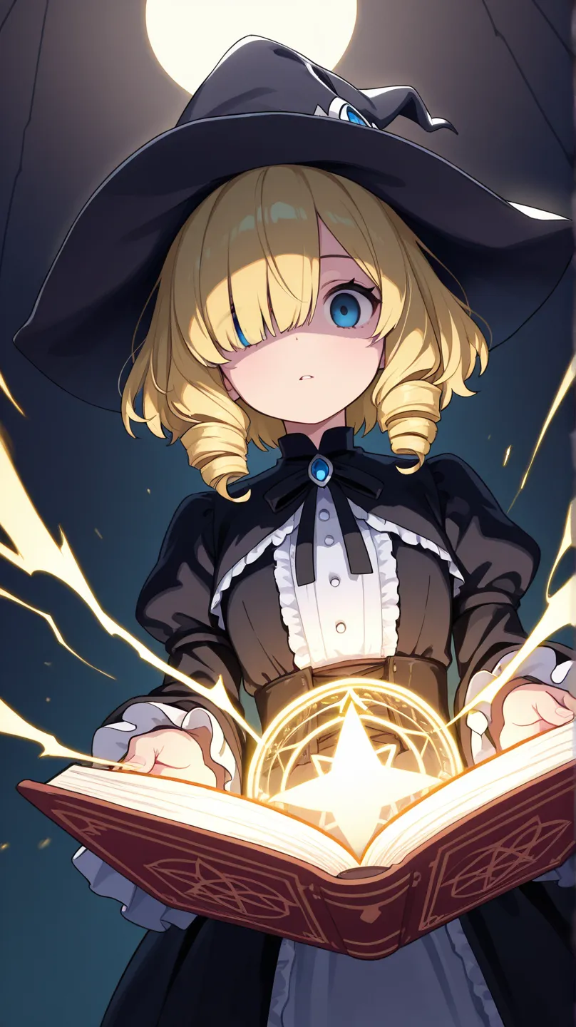 (score_9, score_8_up, score_7_up), ultra-detailed, detailed face, focus on upper body, dynamic angle, dutch angle shot, (looking at viewer), 

Solo, a girl, witch hat, blonde, short hair, drill hair, drill sidelocks, hair over one eye, blue eyes, slant eye...