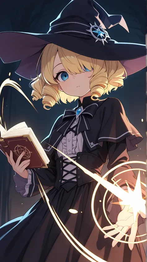 (score_9, score_8_up, score_7_up), ultra-detailed, detailed face, focus on upper body, dynamic angle, dutch angle shot, (looking at viewer), 

Solo, a girl, witch hat, blonde, short hair, drill hair, drill sidelocks, hair over one eye, blue eyes, slant eye...