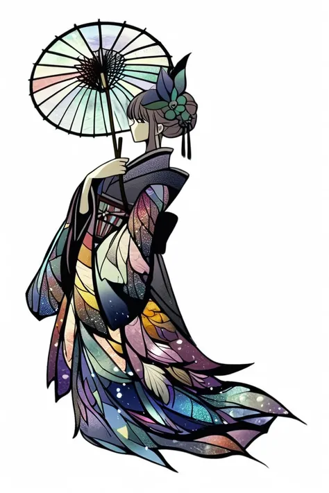    stained glass、  artistic,    flower girl holding a Japanese umbrella 、Sparkle、背景も  stained glass、