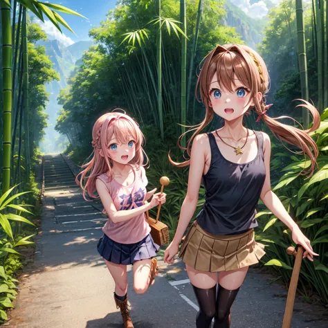 pink brown brown gold hair、  blue eyes、  Has hair tied  、Two cute people、  check mini skirt、  black t-shirt、 Light clothing、  tank top、  camisole、 high socks、 Boots、 teeth inside、  The Road Is Crooked 、Mountain々、Stick together  、 bamboo forest、 chest pocke...