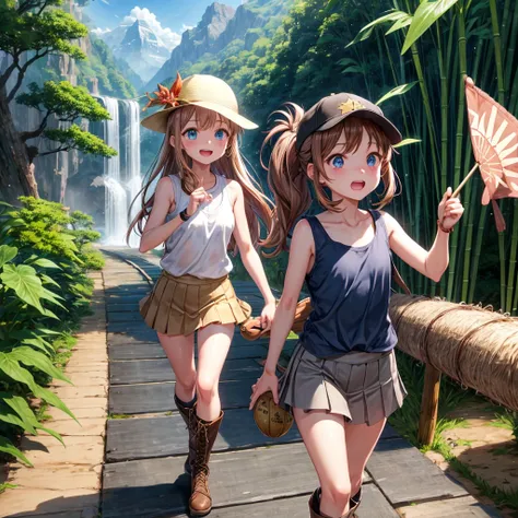 pink brown brown gold hair、  blue eyes、  Has hair tied  、Two cute people、  check mini skirt、  black t-shirt、 Light clothing、  tank top、  camisole、 high socks、 Boots、 teeth inside、  The Road Is Crooked 、Mountain々、Stick together  、 bamboo forest、 chest pocke...