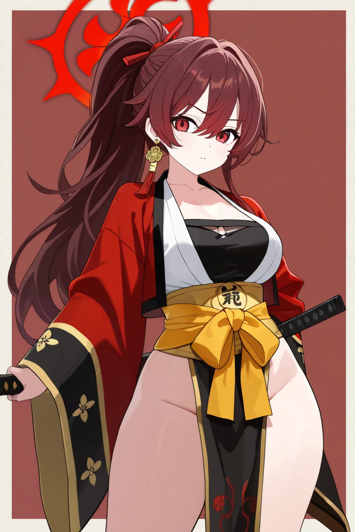 1 girl, Hair tied into Ponytail, Brown hair and red hair on the edges of the hair, red eyes, but not bright, curvy body, wear a sexy Samurai outfit, หน้าอกไซส์ปานกลาง, have a gold earring, have a red halo