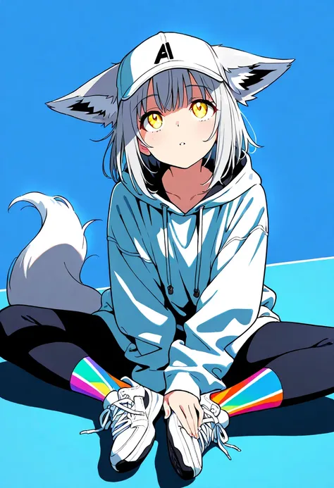 (masterpiece, best quality, ultra-detailed, high resolution), anime-style illustration of a cute girl with short silver hair, glowing yellow eyes, wearing a colorful oversized hoodie with fox faces in a pop-art style. She also wears a white cap with fox ea...