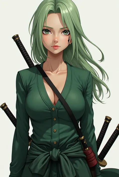 Zoro of  "one piece" In female version . She has light green hair and gray eyes. She has a vertical scar on her left eye.  She wears three swords on her belt. 