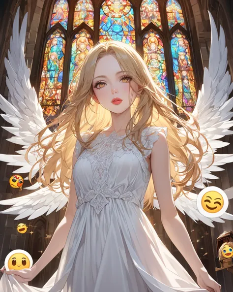 Female angel (age:1.2)、(nationality:1.2)、(Detailed description of clothing :1.2)、( Accessories:1.2)、( facial features :1.3)、( Emoji:1.2)、(Body Type:1.2)、( pose :1.3)、青いeye、((loose white dress with drapes)) (Detailed description of clothing :1.2) Wearing、 l...