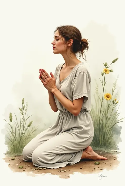 Create a realistic watercolor illustration of a woman praying on her knees