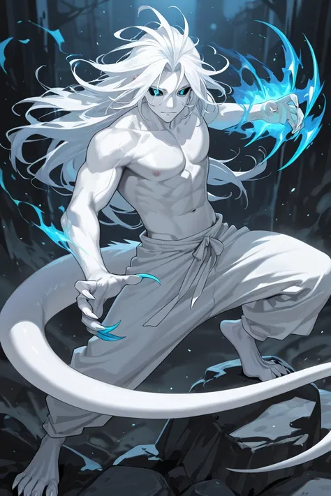 man,  pectorals,  very white skin,  blue eyes with black sclera, loose long white hair , claws, a tail with a sharp tip ,