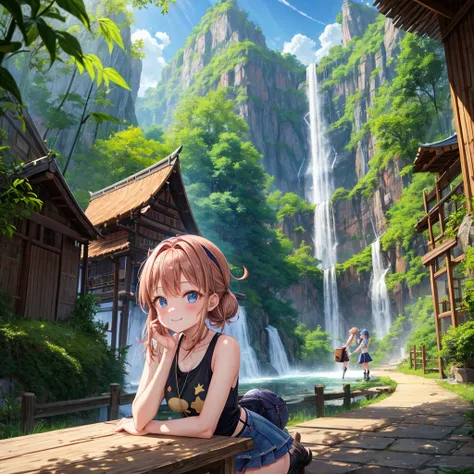 pink brown brown gold hair、  blue eyes、  Has hair tied  、Two cute people、  check mini skirt、  black t-shirt、 Light clothing、  tank top、  camisole、 high socks、 Boots、 teeth inside、  The Road Is Crooked 、Mountain々、Stick together  、 bamboo forest、 chest pocke...