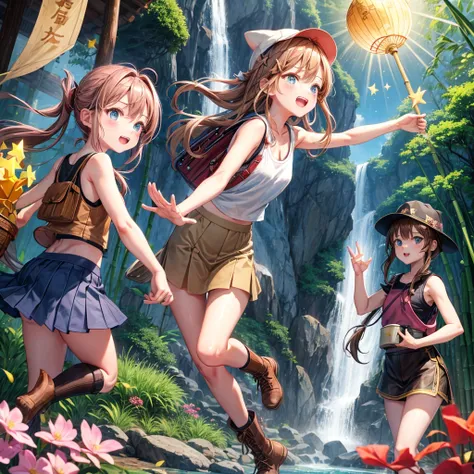 pink brown brown gold hair、  blue eyes、  Has hair tied  、Two cute people、  check mini skirt、  black t-shirt、 Light clothing、  tank top、  camisole、 high socks、 Boots、 teeth inside、  The Road Is Crooked 、Mountain々、Stick together  、 bamboo forest、 chest pocke...