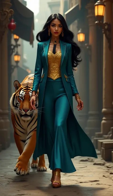 Jasmine,  now a black market mobster ,  walks majestically through the underground market of Agrabah , where rare jewelry ,  illegal spices and weapons are traded .  She wears a fine woven petrol-blue suit ,  with a hand-embroidered gold vest and a black s...