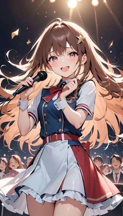 Highest quality,Highest quality,Ultra-detailed,(masterpiece:1.2),Very absurd,4K,8k,  an Idol girl singing in front of an audience,she has long brown hair,Uniform-like outfit,Hold the microphone in your right hand,Left hand wide open,cute,Tears of joy,Singi...