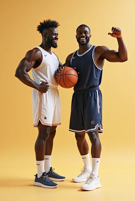 2 Young attractive, muscled, african mans celebrate , they are basketball players, in form on them, with basketball ball, smiling, full body in camera, best quality, clear quality, high quality, 4K, 8k, clean character, clear background
