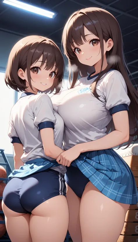 masterpiece, best quality, amazing quality, 2 girls side by side, , school gym uniform,white shirts,plain skirts, ((buruma)),(buruma in brown plaid skirts),the 2 girls are lifting up their skirts themselves, 18 years old, thick thighs,  sleeveless, (buruma...