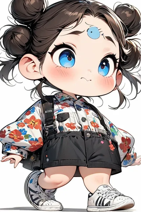 ( Masterpiece,  top quality:1.2),  cartoon style character design。  pure white background ， 1 girl,  alone， big eyes，  cute expression  ，Two buns hair，Floral Shirt，Work clothes， white sneakers，stand，Interesting，Interesting， clean lines，  plain background i...