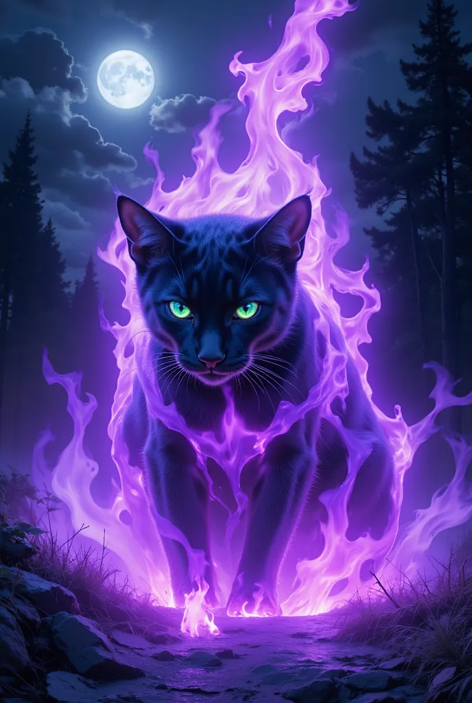 masterpiece,high resolution,super realistic, ,cinematic lights,realistic flames,
, onfire,cat,purple flames,night,moon,cat focus,halloween,scary,glowing cat eyes