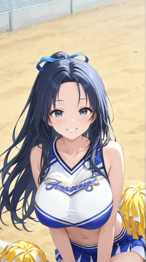 Big Breasts,   long hair,   black hair , bangs,    ,  smile,  ,  smiles,   , （One girl 1.5）, blue hair ribbon、（ 1.5）solo、 cheerleader