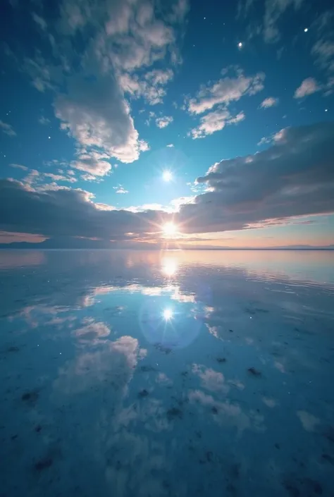   The sky is reflected in the mirrored sea , reflection ,Symmetric,Uyuni,moonlight, A beautiful sky spreads out , dreamy ,,cloud,,[ marine blue,Wonderful views await you,,Highestの時間をあなたに,Highest品質, photos, Structurally Correct , perfect configuration,広告用に撮...