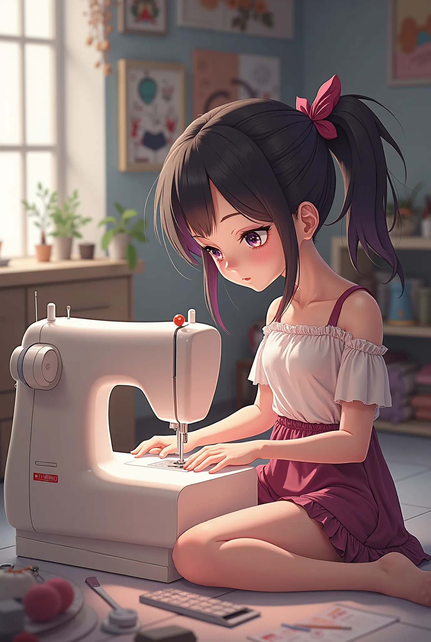 An anime girl sits on the floor with a sewing machine in front of her and draws some designs and wears a modern costume 