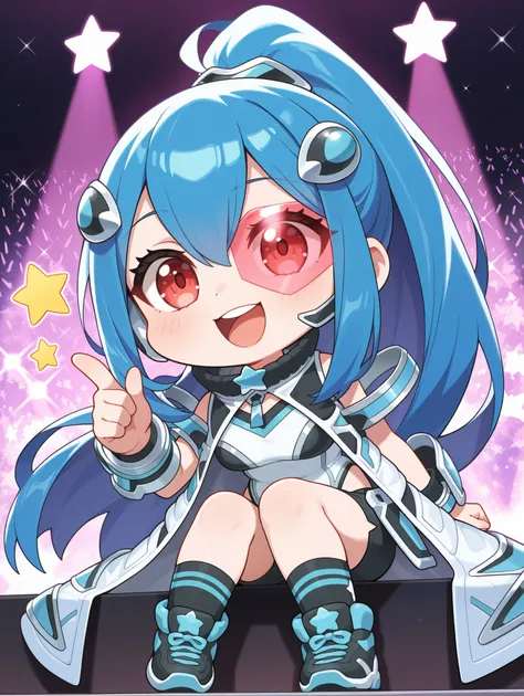 1 girl, Alone,  Open Your Mouth,  Watch viewers,  ponytail,  sitting,  chibi,  smile, ,  full body,  concert,  black shorts ,  black socks,  black sneakers ,  white high leg leotard,   tinted eyewear, argostars - glorious adra,  white coat, Black hair orn...