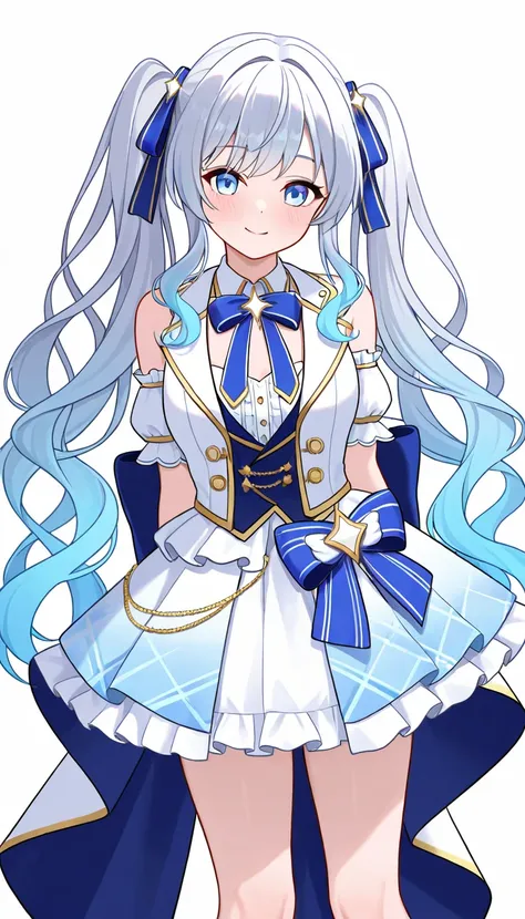 1 girl, 19yo, (smile:1.2), high twintails, wavy hair, gradient hair, silver blue hair, light blue hair, light blue eyes,(white background), idol costume, large ribbon on the chest, standing