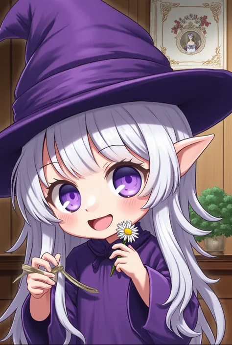 Masterpiece, best quality, ultra-detailed white and long hair,chibi, goblin witch, wearing a witch's hat, a picture on the wall, ((in the picture the goblin witch is holding daisies in her hand)), a lot of details, additional details
