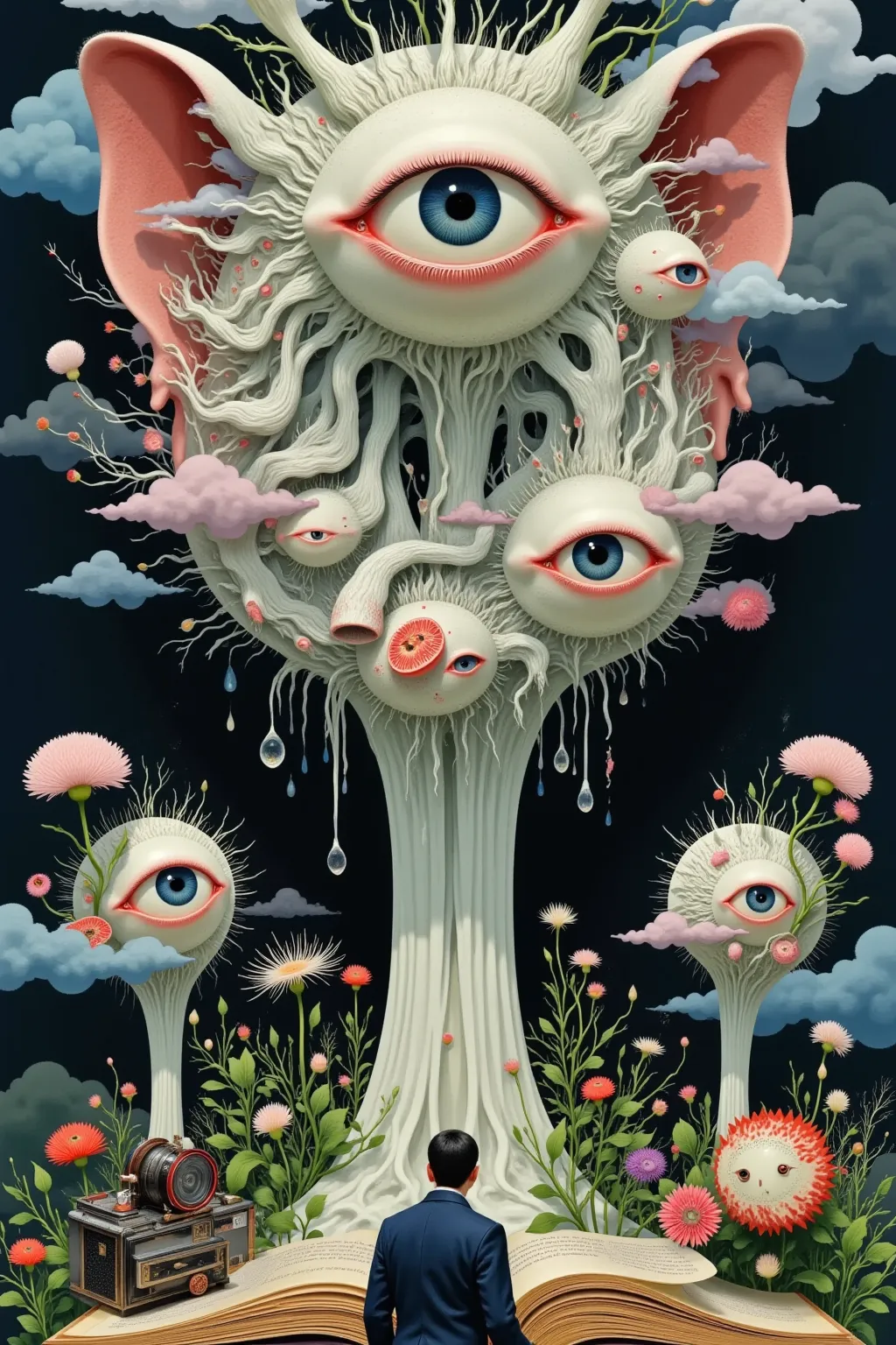 Surreal digital painting，Depicts huge eyes and ears in a fantastic setting. Fine eye details, There is a clock in the pupil. The ears are organically connected to the eyes. The background contains countless faces，Frozen in various mundane and daily states....