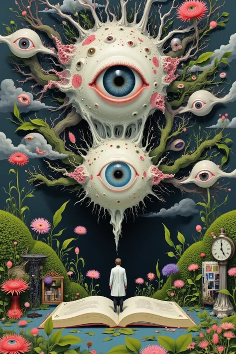 Surreal digital painting，Depicts huge eyes and ears in a fantastic setting. Fine eye details, There is a clock in the pupil. The ears are organically connected to the eyes. The background contains countless faces，Frozen in various mundane and daily states....