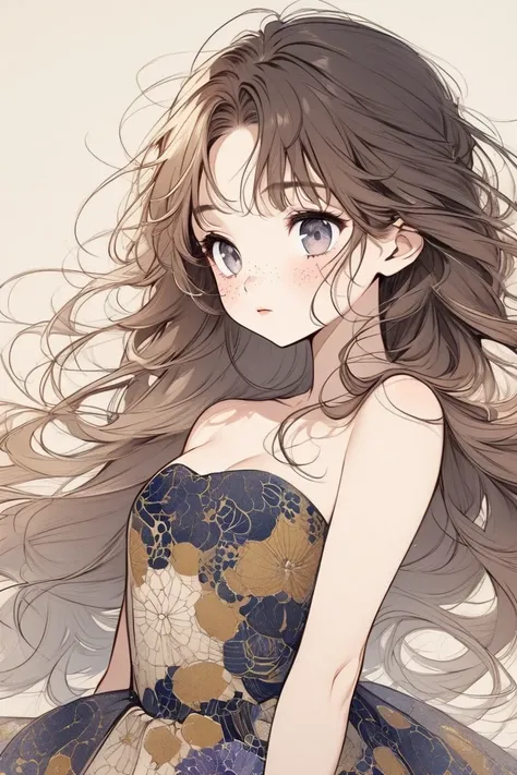 Gustav Klimt style illustration ,  A beautiful Japanese long haired girl is wearing a strapless dress, Melancholic eyes,  freckles, Delicate lines, Background Flowers々