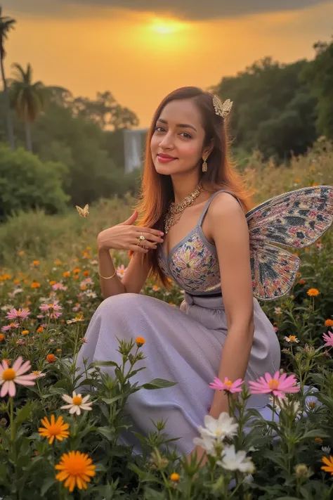 A mesmerizing woman with large, iridescent butterfly wings, shimmering in shades of blue, violet, and gold, sits gracefully in an enchanted meadow. Her flowing gown, adorned with intricate floral embroidery, blends seamlessly with the vibrant surroundings....