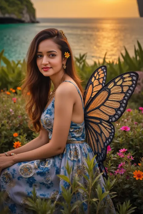 A mesmerizing woman with large, iridescent butterfly wings, shimmering in shades of blue, violet, and gold, sits gracefully in an enchanted meadow. Her flowing gown, adorned with intricate floral embroidery, blends seamlessly with the vibrant surroundings....