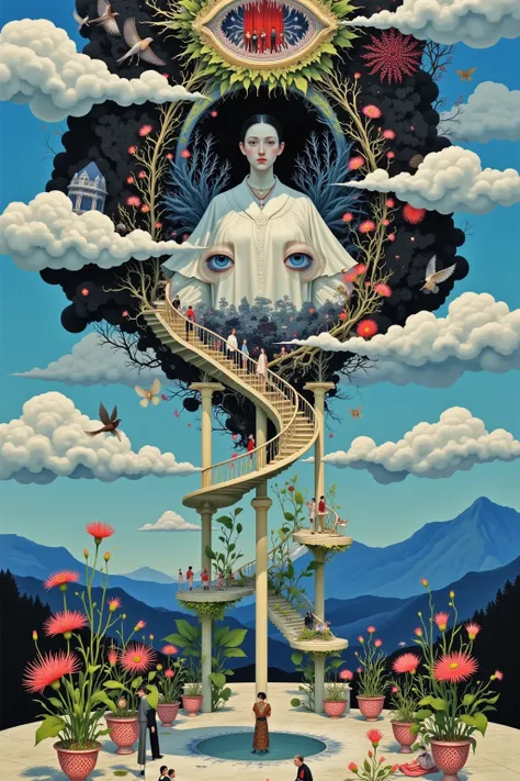 Surrealist works of art,  A woman walking on a floating staircase , Insight through the eyes of a woman's face , A Victorian theatre stage emerges from a woman's head, Entering the theater stage , presents a dreamy scene , Inside a woman is writing in an o...