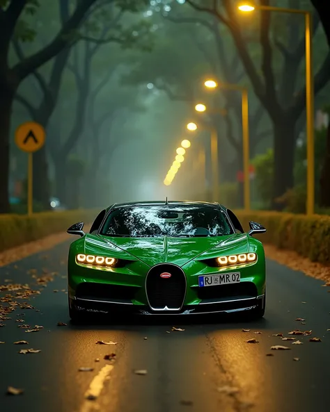 On Indian yellow pole light road dark green Bugatti veron running at top speed write 'MR 07' clearly on number plate, horror Indian road , yellow side poles, big deep trees around the road , close to camera, leaves on road, leafs are flowing in air and roa...