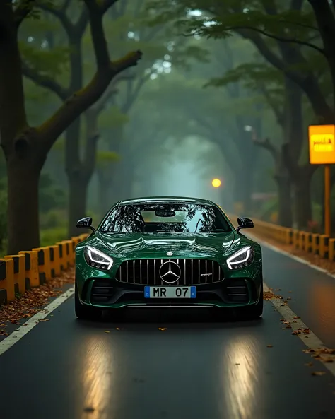 On Indian yellow pole light road dark green Mercedes -Benz AMT GT running at top speed write 'MR 07' clearly on number plate, horror Indian road , yellow side poles, big deep trees around the road , close to camera, leaves on road, leafs are flowing in air...