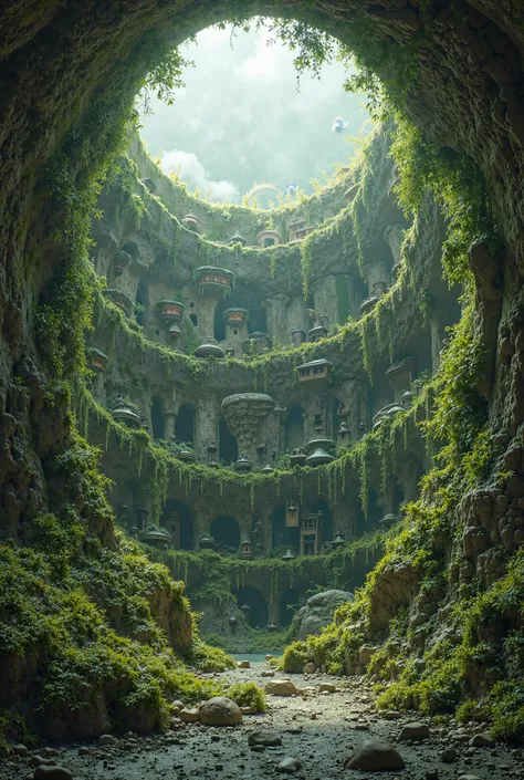 À l'intérieur d'une sphère géante avec les bords fait en herbe de mousse il y a beaucoup de maisons troglodytes qui s'enfoncent dans le mur . En haut il y a un trou par lequel rentre la lumière .