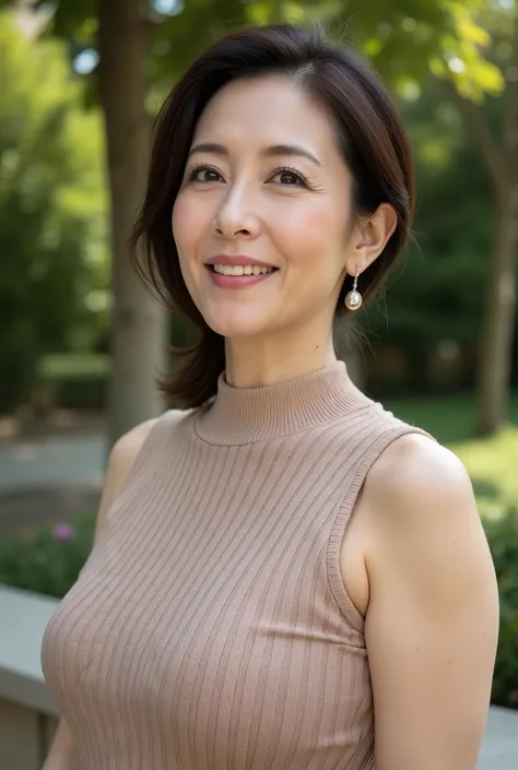 Beautiful middle-aged woman standing in a park (48 years old: 1.4),  wavy dark hair ,Slender and long legs, fine laugh lines: 1.2, and a bewitching smile .   。 sharp facial details  ,  amazing beauty (Ultimate beauty),  It features 、 (lipstick: 1.1), ( eye...