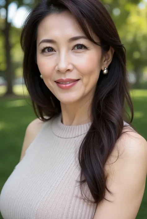 Beautiful middle-aged woman standing in a park (48 years old: 1.4), wavy dark hair ,Slender and long legs, fine laugh lines: 1.2, and a bewitching smile . 。 sharp facial details , amazing beauty (Ultimate beauty), It features 、 (lipstick: 1.1), ( eye...